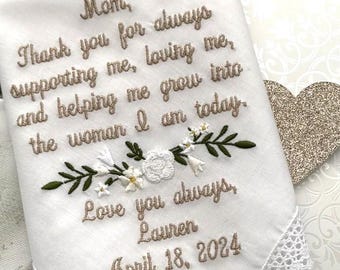 Pañuelo de boda bordado personalizado, regalo para mamá, madre de la novia, pañuelo floral personalizado