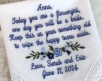 Custom Embroidered Flower Girl Handkerchief, Wedding Keepsake Gift