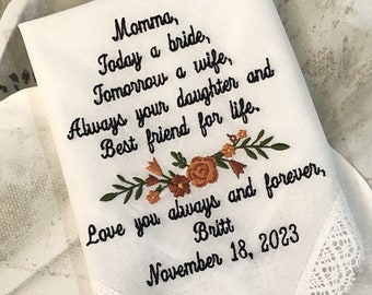 Personalized Embroidered Wedding Handkerchief, Mother of the Bride Gift