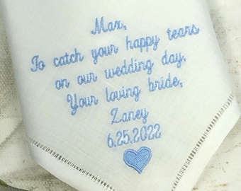 Linen Wedding Handkerchief Gift for Groom, Personalized Wedding Gift, Linen Wedding blue  theme, keepsake wedding gift for bride and groom