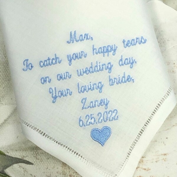 Linen Wedding Handkerchief Gift for Groom, Personalized Wedding Gift, Linen Wedding blue  theme, keepsake wedding gift for bride and groom