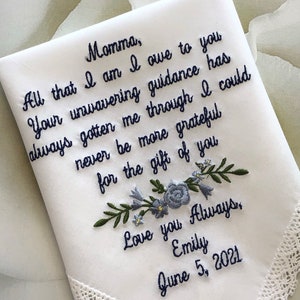Wedding Weddings--Embroidered Handkerchief Mother of the Bride Wedding Handkerchief Personalized Wedding Gifts Mother of the groom Mother in
