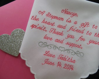 Weddings-SECOND MOM of The Bride Gift Handkerchief-A Stepmom Is A Gift To The HEART-Love And Support -Hankie - Hanky - Hankerchief Tears Dry