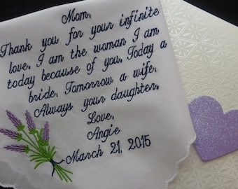 Weddings Wedding Handkerchief Mother of the bride. Daughter Gift to Mom on Wedding Day. Embroidered Hankies for Mom. Mother of the Groom Mom
