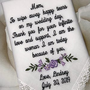 Embroidered Wedding Handkerchief for Mom, Mother of the Bride Gift, Personalized Bridal Hanky