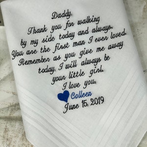 Embroidered Personalized Wedding Handkerchief Father Of The Bride Daughter Dad Gift Custom Embroidered Hankies Wedding Gift Ideas image 2