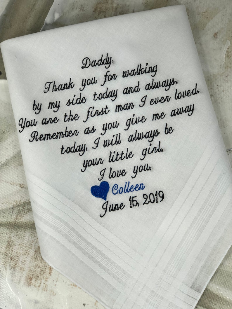 Embroidered Personalized Wedding Handkerchief Father Of The Bride Daughter Dad Gift Custom Embroidered Hankies Wedding Gift Ideas image 2