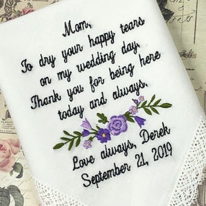 Mother Wedding Handkerchief for Mother Of The Bride, Made To Order Wedding Gifts, Embroidered Wedding Gift for Mom Embroidered Handkerchief