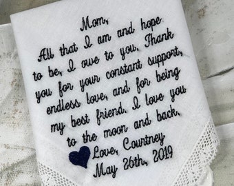 Wedding Handkerchief Mom Of The Bride | Embroidered Hankies | Mother Of The Bride | Wedding Details | Bridal NC Wedding Gifts | bride groom