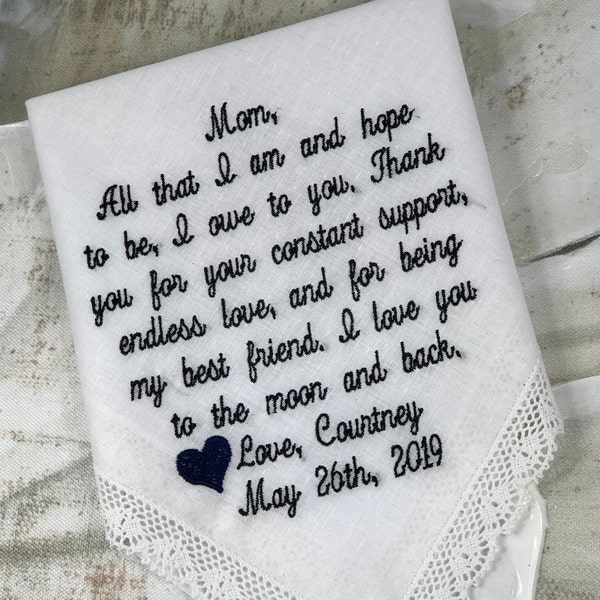 Wedding Handkerchief Mom Of The Bride | Embroidered Hankies | Mother Of The Bride | Wedding Details | Bridal NC Wedding Gifts | bride groom