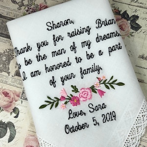 Mother of the Groom Gift, Wedding Handkerchief for Mom. Embroidered Wedding Hankies for Wedding Gift for Grooms Mom. Custom Embroidery gift