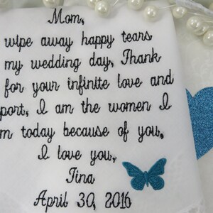 Mother of the Bride | Embroidered Wedding Handkerchief |  Handkerchief Embroidered Wedding Gift. Custom 40 embroidered words of your choice.