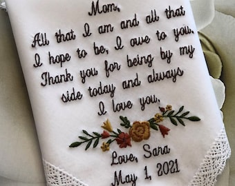 Mom Wedding Handkerchief From The Bride Personalized Embroidered Wedding Gift From the Bride To Her Mother Bride Mom Gift Custom Hankies