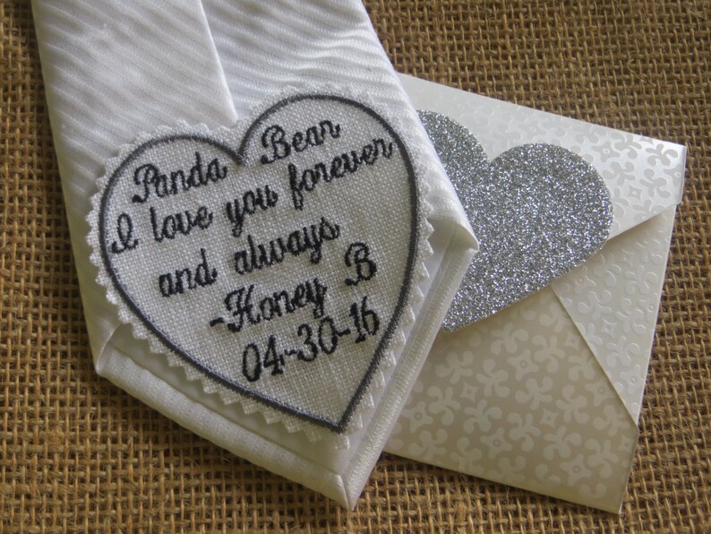 Embroidered Wedding Tie Patch Or Wedding Dress Label. Father of the Bride, Groom, Best Man. Linen Fabric. Wedding Handkerchief image 2