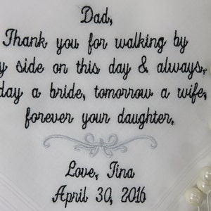Embroidered Wedding Handkerchief Gift Bridal Gift For Dad On Her Wedding Day Personalized Weddings Hankies Father of the Bride Mother of the