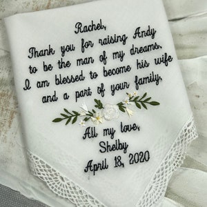 Embroidered Wedding Handkerchief. Thank You For Raising Your Son To Be The Man Of My DREAMS. Bridal Wedding Hankie Gift. Hankerchief Gift image 3