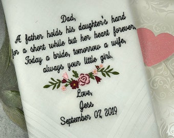 Father of the Bride Handkerchief, Wedding gift from Bride, embroidered wedding handkerchief, personalized bride gift, dad on my wedding day