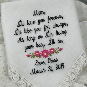 Mother of the Bride Gift & Embroidered | Wedding Handkerchief | Wedding Gift from Bride | Wedding Handkerchief from Daughter | Mom Gifts