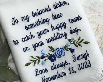 Wedding handkerchief for Sister of bride, Gift for Sister, Something blue for bride, for bride from mom, gift ideas for Wedding hankerchief