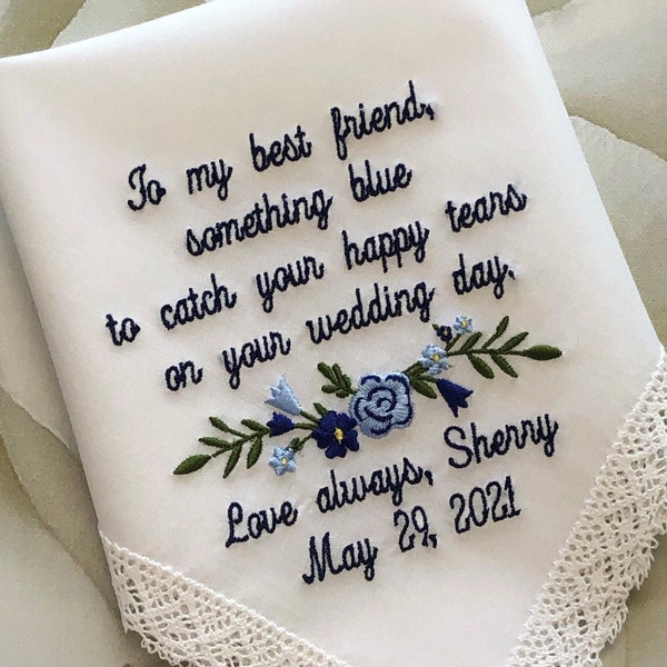 Embroidered Wedding Handkerchief, Personalized Gift for Best Friend, Something Blue