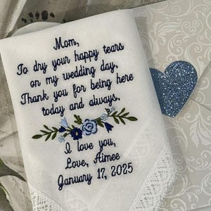 Gift for Mom from Bride,Custom Handkerchief for Mother of Bride,Keepsake Hankerchief, Mother or Father wedding day Hanky Personalized Custom