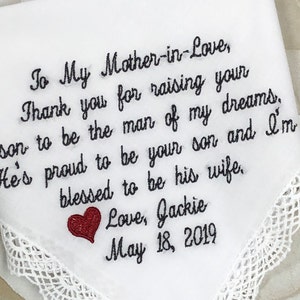 Mother of The Groom Handkerchief - Wedding Hankies - Hanky - Gift for Mother of the Groom from the Bride - I Will Cherish Him Today