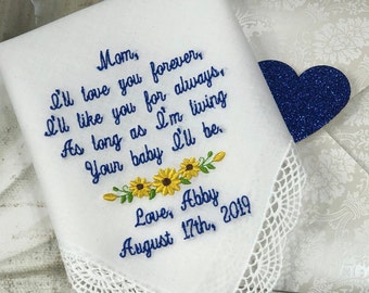 Mother of the Bride Gift, Wedding Handkerchief for Mother of the Bride, Embroidered Hankies, Personalized wedding gift from the Bride Gifts