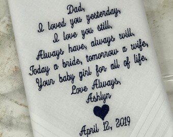 Wedding Handkerchief Father of the Bride Dad Wedding Hankerchief, Wedding Gift From the Bride To Dad, Wedding Gifts for Parents, Embroidered