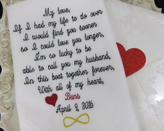 Groom Handkerchief-Embroidered Wedding Gift-HUSBAND and WIFE- Gift for GROOM From Bride -Bridal Weddings Customized Embroidered Hankie-Hanky