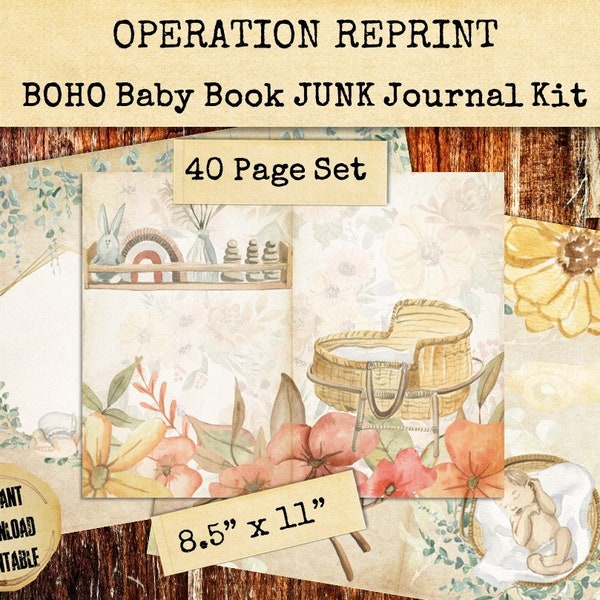 Boho Baby Junk Journal Kit, Neutral Boy Girl Book, JPEG and PDF Digital Download Printable