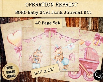 Boho Baby Girl Junk Journal Kit, Pink Baby Book For New Mom Gift Idea JPEG and PDF Digital Download Printable