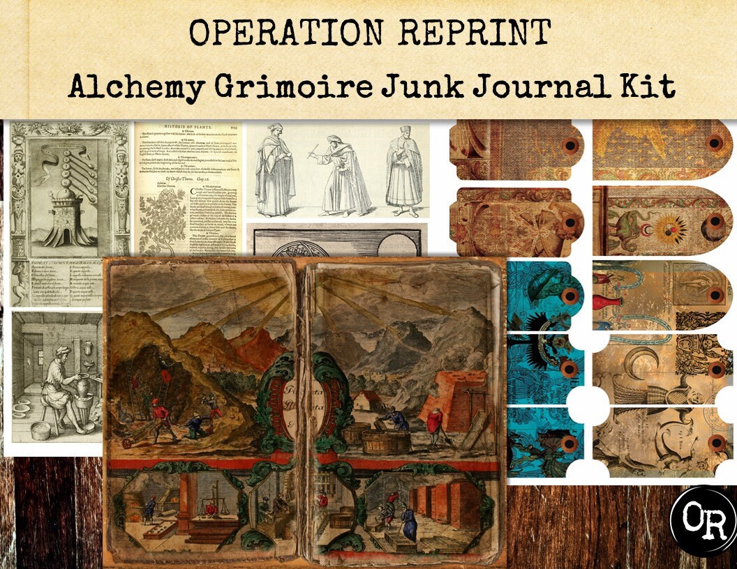 Grimoire Alchemy 26 Pages Junk Journal Kit, Grunge Sepia