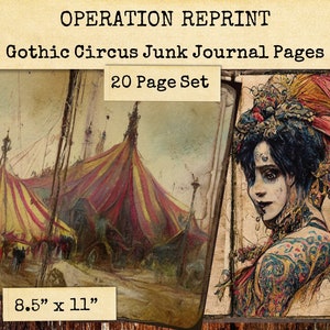 Gothic Circus Junk Journal-pagina's, 20 pagina's Dark Diary Theme, PDF en JPEG digitale download Pintable's