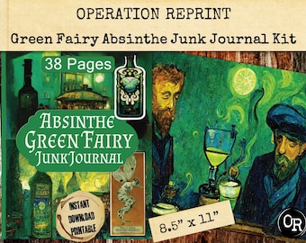 Green Fairy Absinthe Junk Journal Kit,  Includes 38 Pages, French Quarter Style Papers & Ephemera, Printable Digital Download PDF and Jpeg