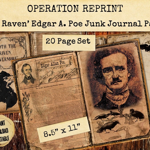 The Raven Edgar A. Poe Junk Journal Pages 20 Pages, Printable Digital Download PDF and Jpeg