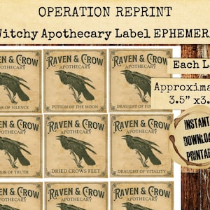 Raven and Crow Apothecary Labels Ephemera, Potion Bottles, Spell Jars, Bottles, Halloween Decorations JPEG Digital Download Printable