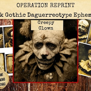 Creepy Clown Vintage Victorian Daguerreotype Photographs Ephemera, Spooky Scary Halloween Decoration Scrap JPEG & PDF Download Printable