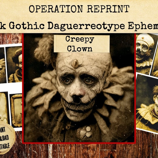 Creepy Clown Vintage Victorian Daguerreotype Photographs Ephemera, Spooky Scary Halloween Decoration Scrap JPEG & PDF Download Printable