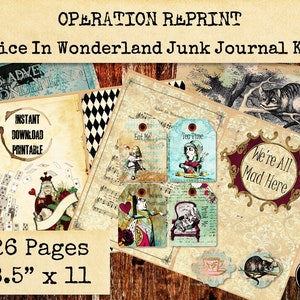 Alice In Wonderland Printabe Junk Journal Kit 26 Pages, Grunge Paper and Ephemera, PDF and JPEG Digital Download