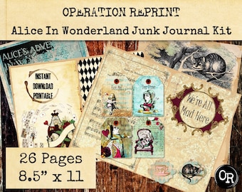 Alice In Wonderland Printabe Junk Journal Kit 26 Pages, Grunge Paper and Ephemera, PDF and JPEG Digital Download