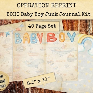 Boho Baby Boy Junk Journal Kit, livro azul do bebê para a ideia de presente da nova mãe JPEG e PDF download digital para impressão