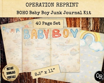Boho Baby Boy Junk Journal Kit, Blue Baby Book For New Mom Gift Idea JPEG and PDF Digital Download Printable