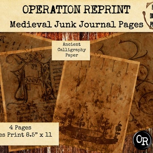 Könnte beinhalten: Vier antike Papierseiten mit mittelalterlicher Kalligraphie und Illustrationen. Die Seiten sind gealtert mit einem braunen, strukturierten Aussehen. Der Text "OPERATION REPRINT" und "Medieval Junk Journal Pages" steht oben. Die Seiten sind 21,6 cm x 27,9 cm groß.
