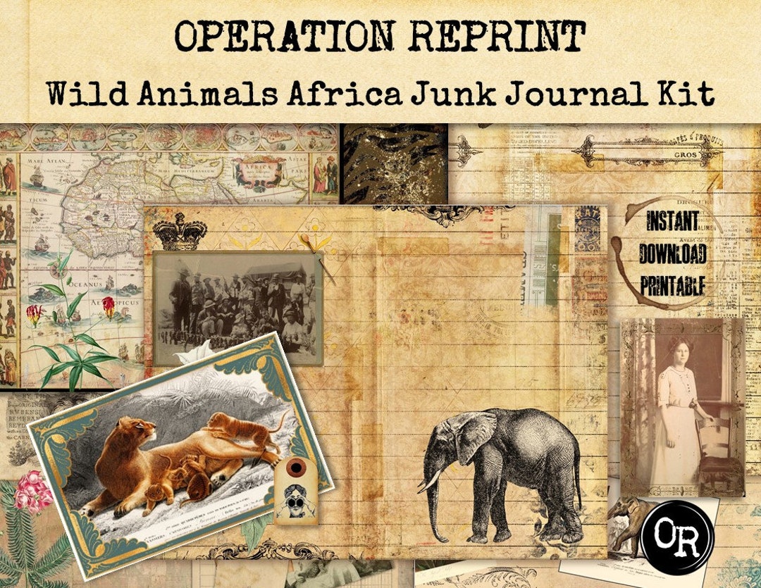 Junk Journal Kit Wild Animals, Africa, Safari, Ephemera Pack
