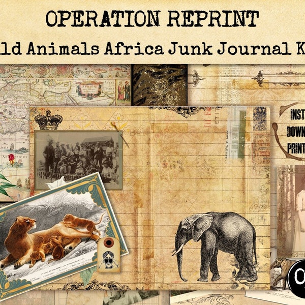 Junk Journal Kit Animaux sauvages, Afrique, Safari, Pack éphémère, Documents numériques, Téléchargements PDF imprimables