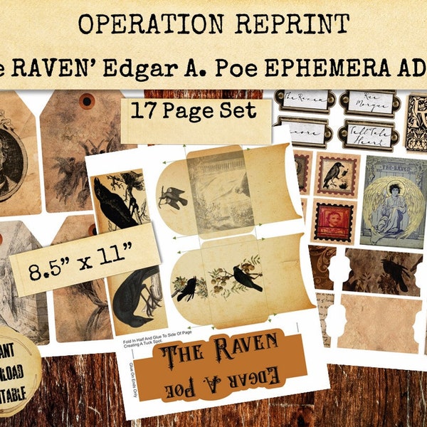 The Raven Edgar A. Poe Junk Journal Ephemera 17 Pages, Printable Digital Download PDF and Jpeg Add On