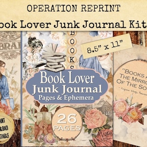Zestaw dziennika Book Lover Junk, 26 stron dla autora, pisarza, bibliotekarza. Kobiecy motyw różowego rumieńca, do wydrukowania w formacie PDF i JPEG