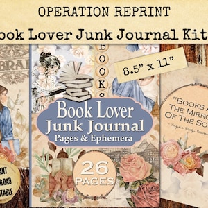 Book Lover Junk Journal Kit, 26 Pages For Author, Writer, Librarian. Feminine Rose Blush Theme,  Printable Digital Download PDF and Jpeg