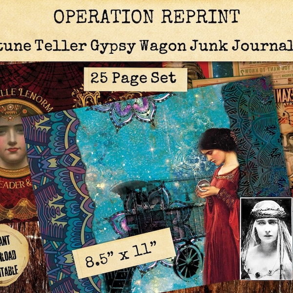 Fortune Teller Gypsy Wagon Junk Journal Kit 25 Pages of Romani Gipsy Collage Pages and Ephemera. Printable Digital Download PDF and Jpeg