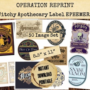 May include: A collection of vintage-style apothecary labels with various designs and text. The labels include phrases like "Nightshade Spirits," "Poison," and "Snake Venom." The set includes 30 images, sized at 8.5" x 11".